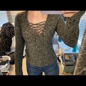 Boutique Grey Ribbed Long Sleeve Crop Top